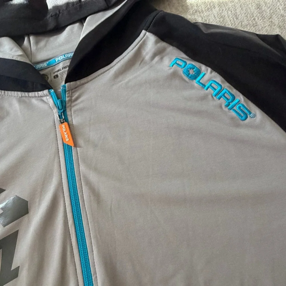Polaris Adult Large Full Zip Hooded Jacket Gray Black Blue ATV Riding